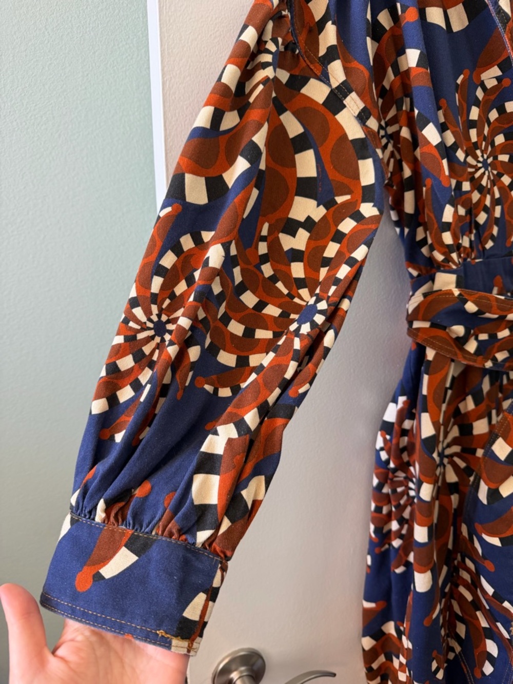 NWT Farm Rio Retro Spiral Print Blue Bandana Belted Jumpsuit in Navy & Rust - Picture 12 of 14